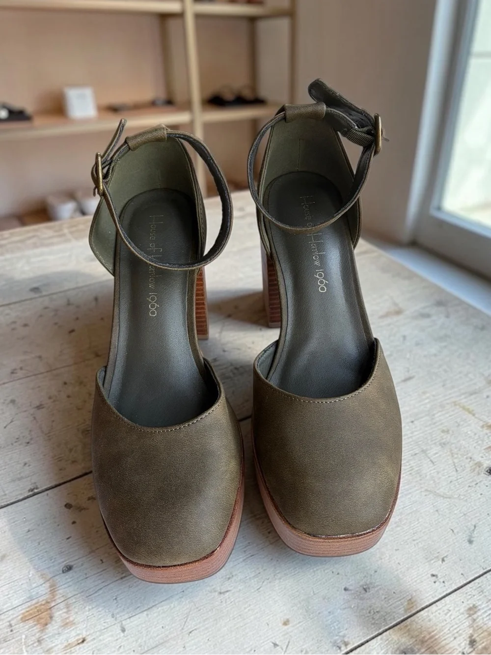 House of Harlow 1960 Olive Ankle-Strap Platform Heels
